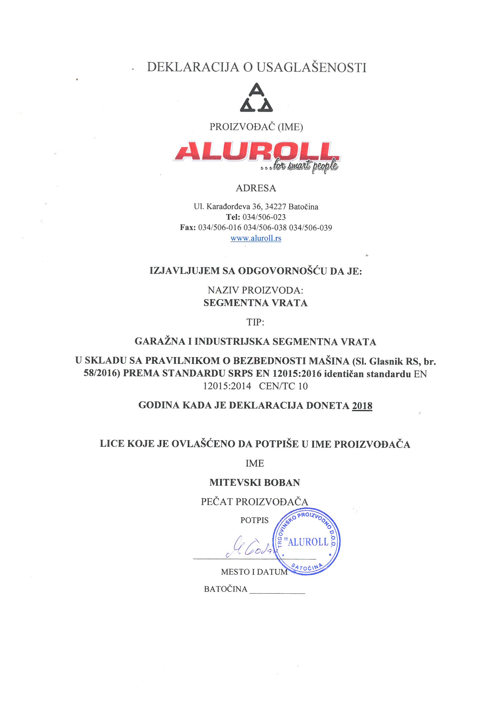 CE sertifikat za segmentna vrata Aluroll